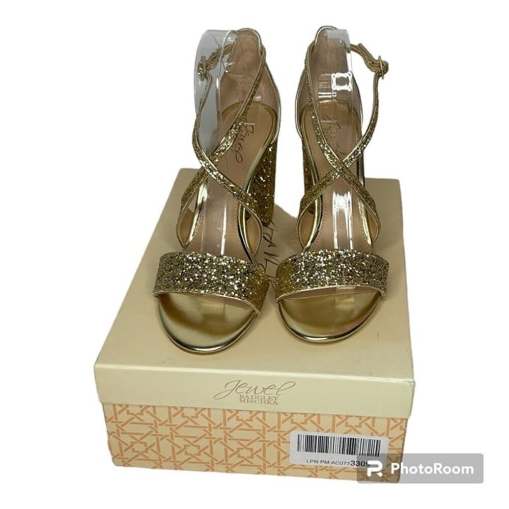 NWB Badgley Mischka Jewel Cook Metallic Gold Glitter Evening Sandals Size 9